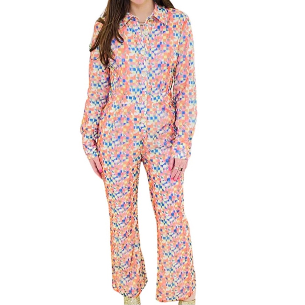 James Ascher Pastel Sequin Abstract Floral Mariella Jumpsuit Multicolor Size M.